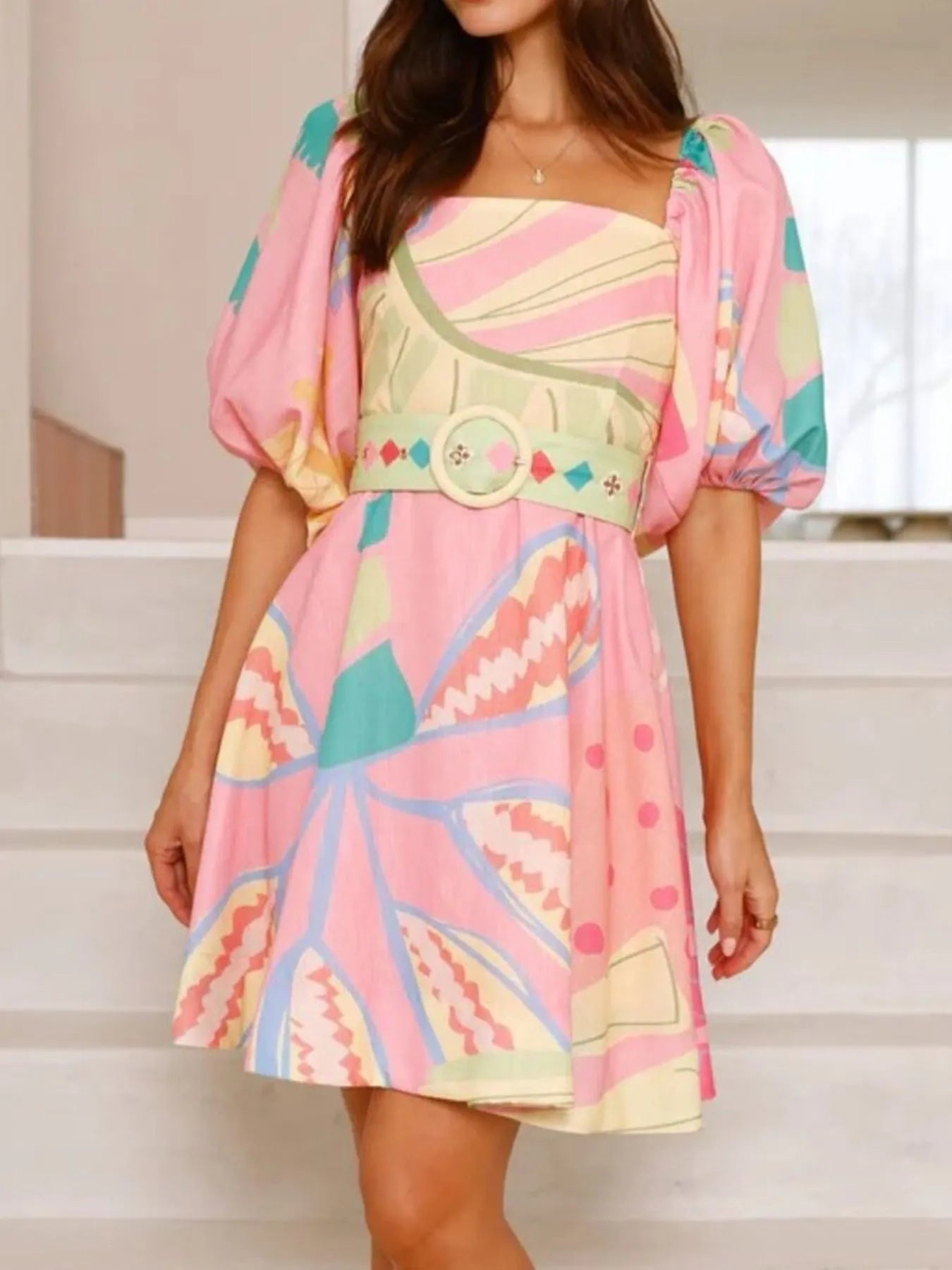 Printed Square Neck Puff Sleeve Dress