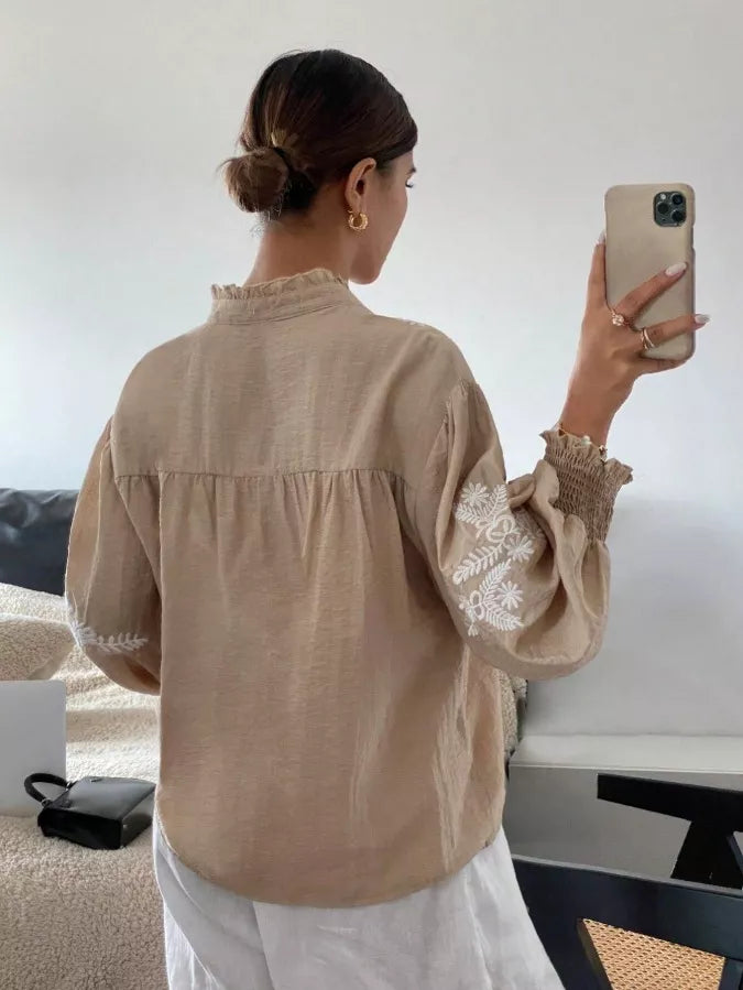 Embroidered Notched Long Sleeve Blouse