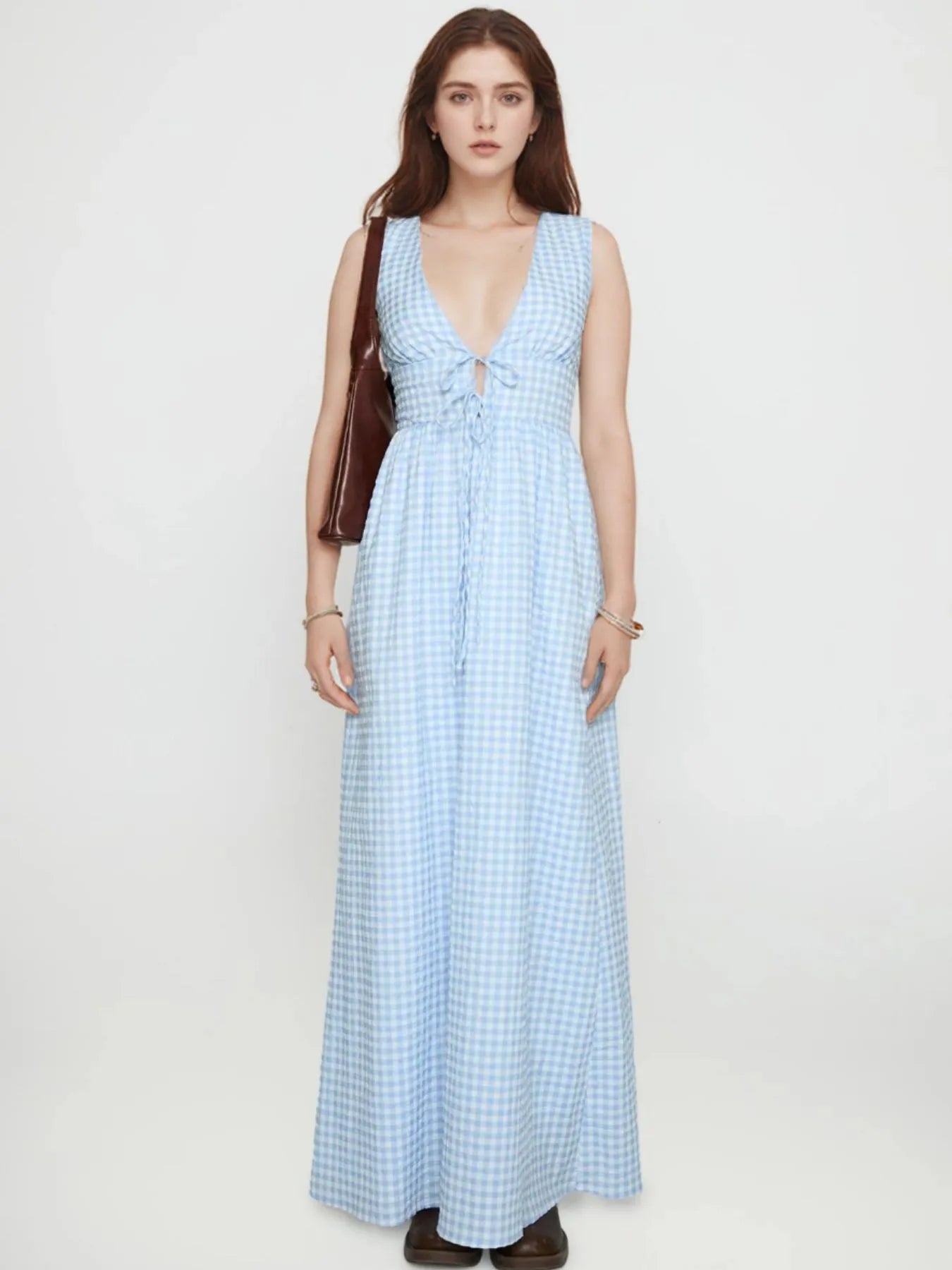 Plaid Tie Front Sleeveless Maxi Dress