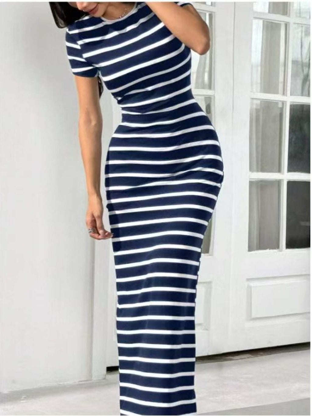 Striped Round Neck Bodycon Maxi Dress
