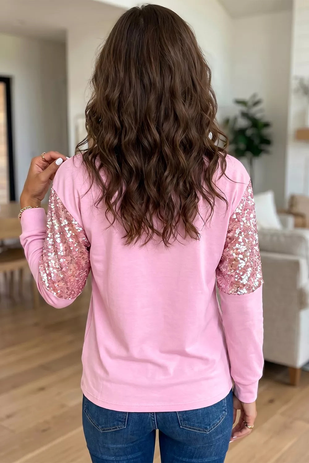 Long Sleeve Sequin Round Neck Pullover Top