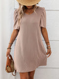 Textured Round Neck Short Sleeve Mini Dress