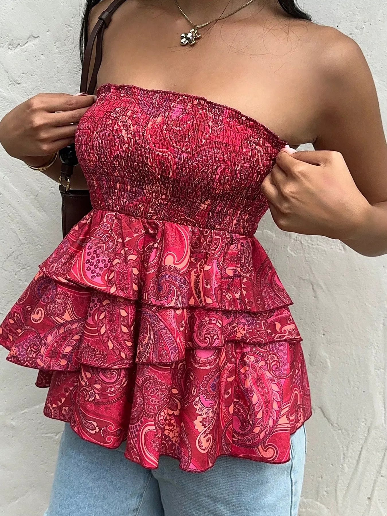 Smocked Layered Paisley Print Tube Top