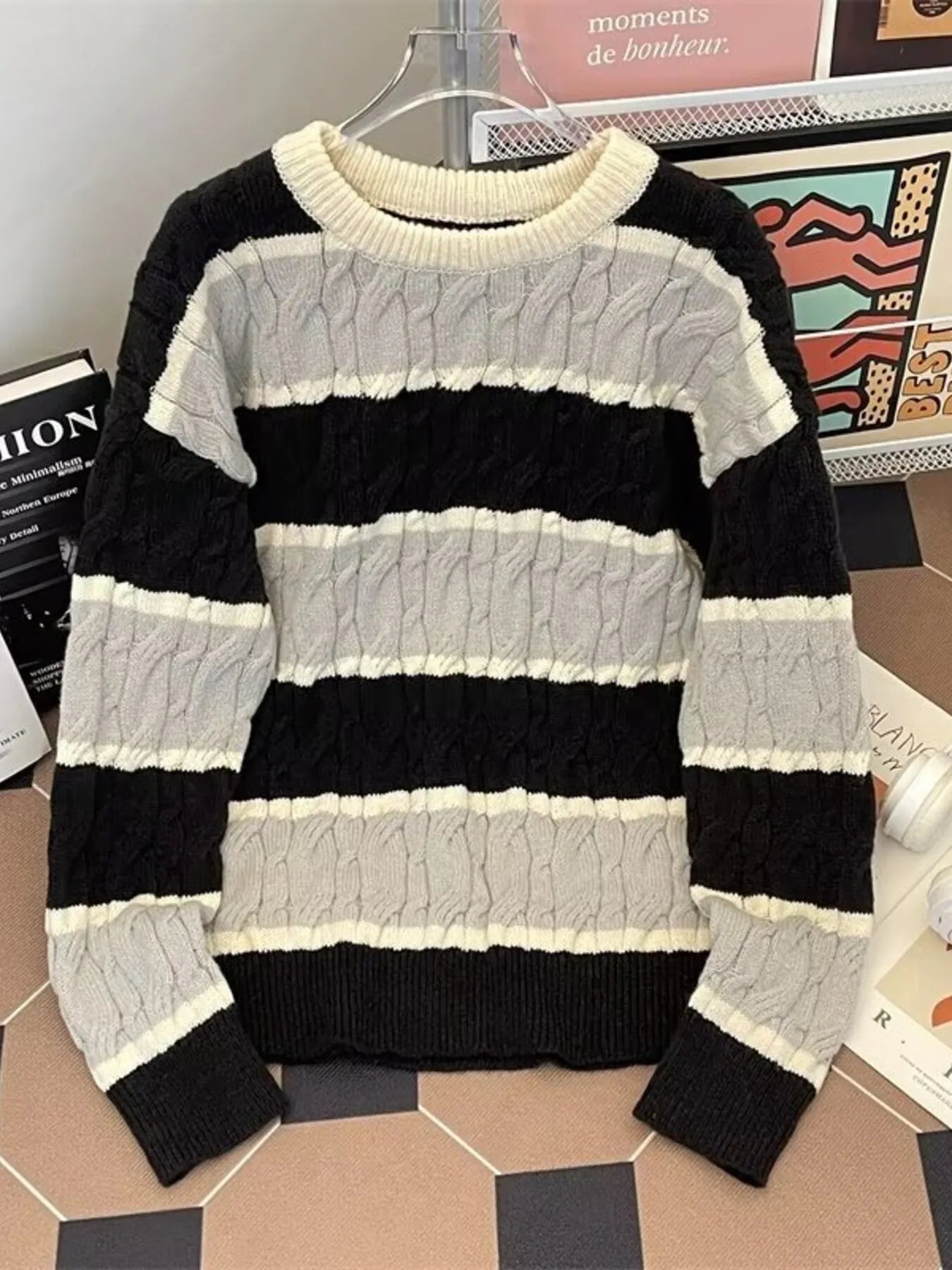 Men's Plus Size Striped Cable Knit Pullover Sweater