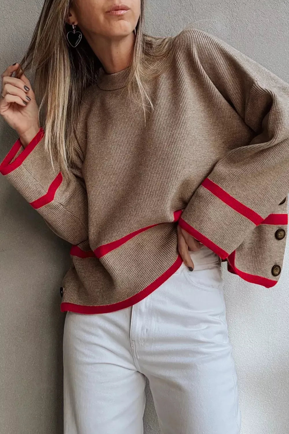 Ribbed Knit Pullover with Contrast Trim