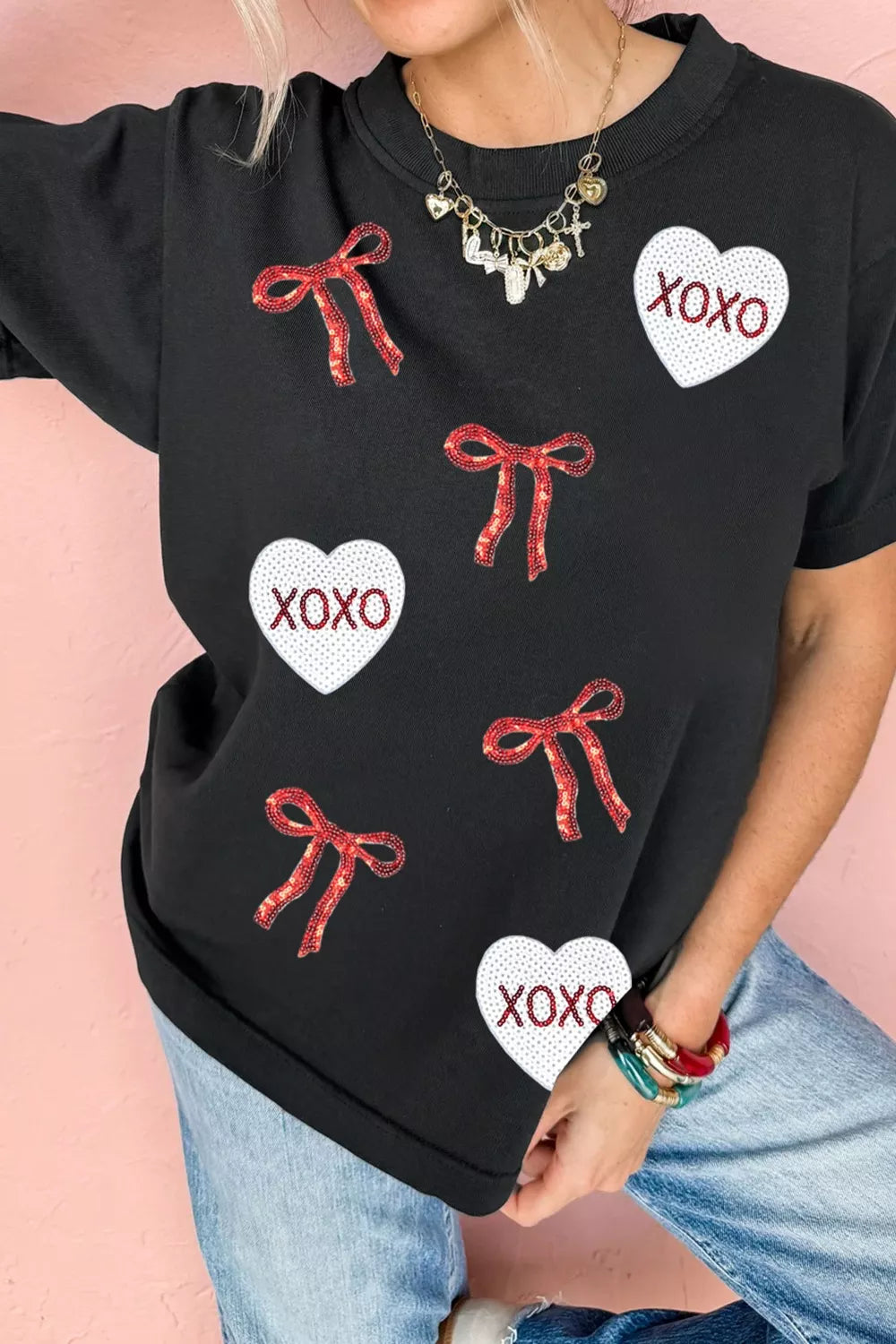 Valentines Bow XOXO Heart Sequin Patched Loose T Shirt