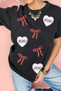 Valentines Bow XOXO Heart Sequin Patched Loose T Shirt