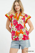 Umgee Floral Print Blouse with Contrast Trim