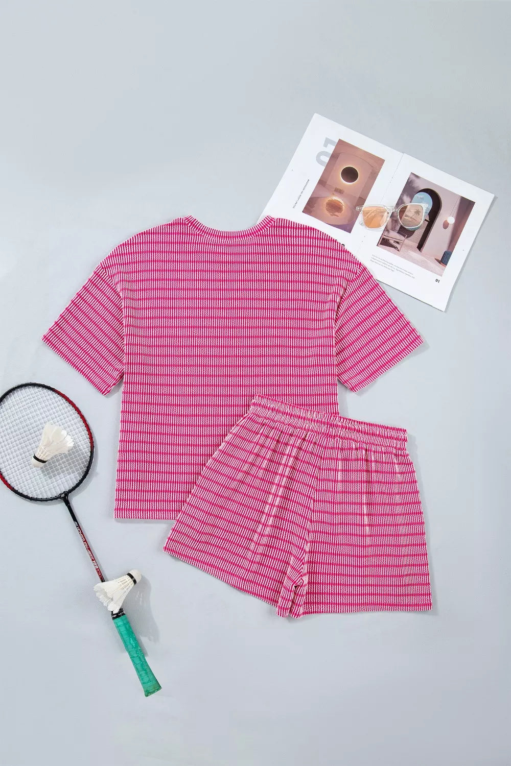 Stripe Raised Rib Loose Tee Drawstring Elastic Waist 2pcs Short Set