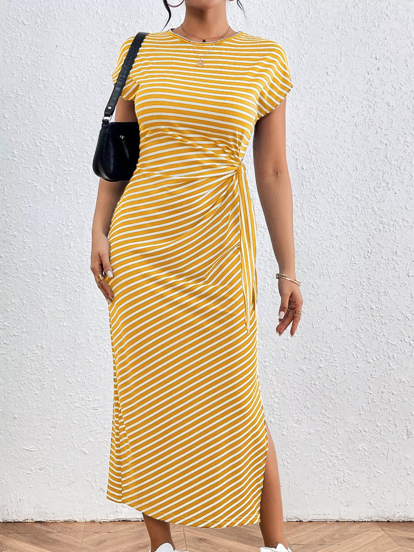 Striped Tie Side Casual Midi Dress