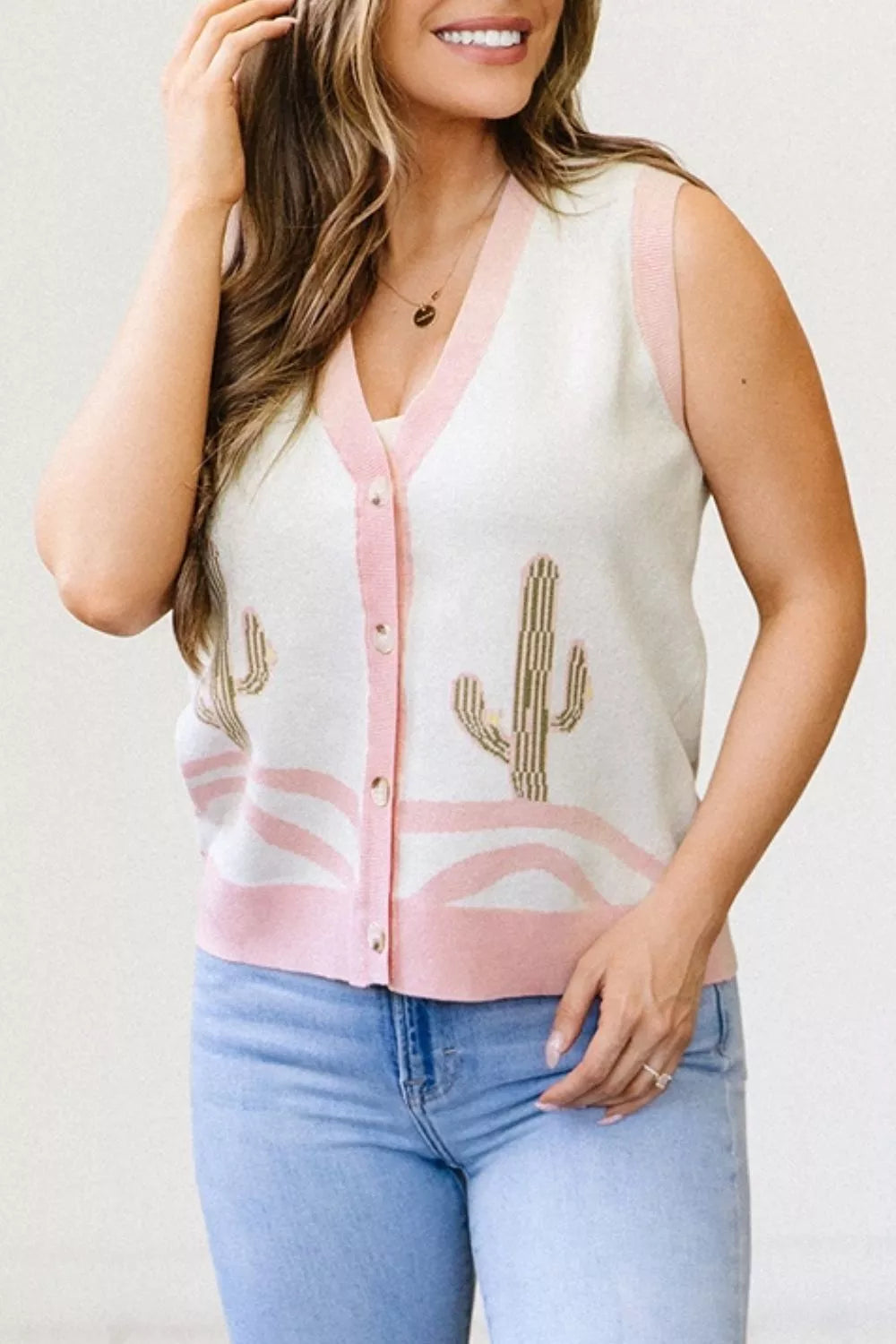 Color Block Trim Button Front Cactus Pattern Western Sweater Vest