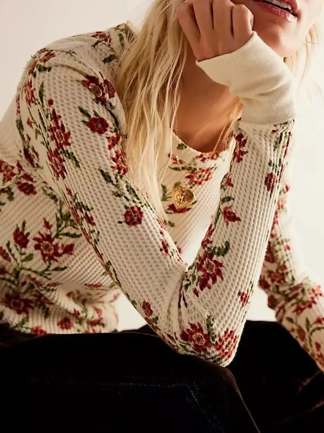 Floral Print Waffle Knit Top
