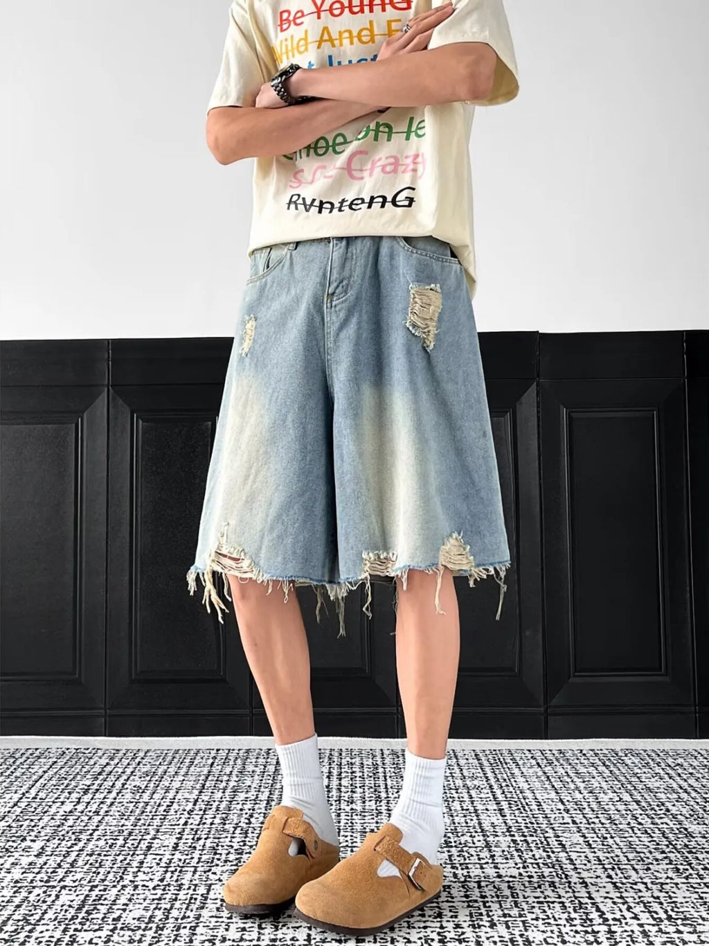 Men's Full Size Distressed Wide Leg Denim Shorts Plus Size
