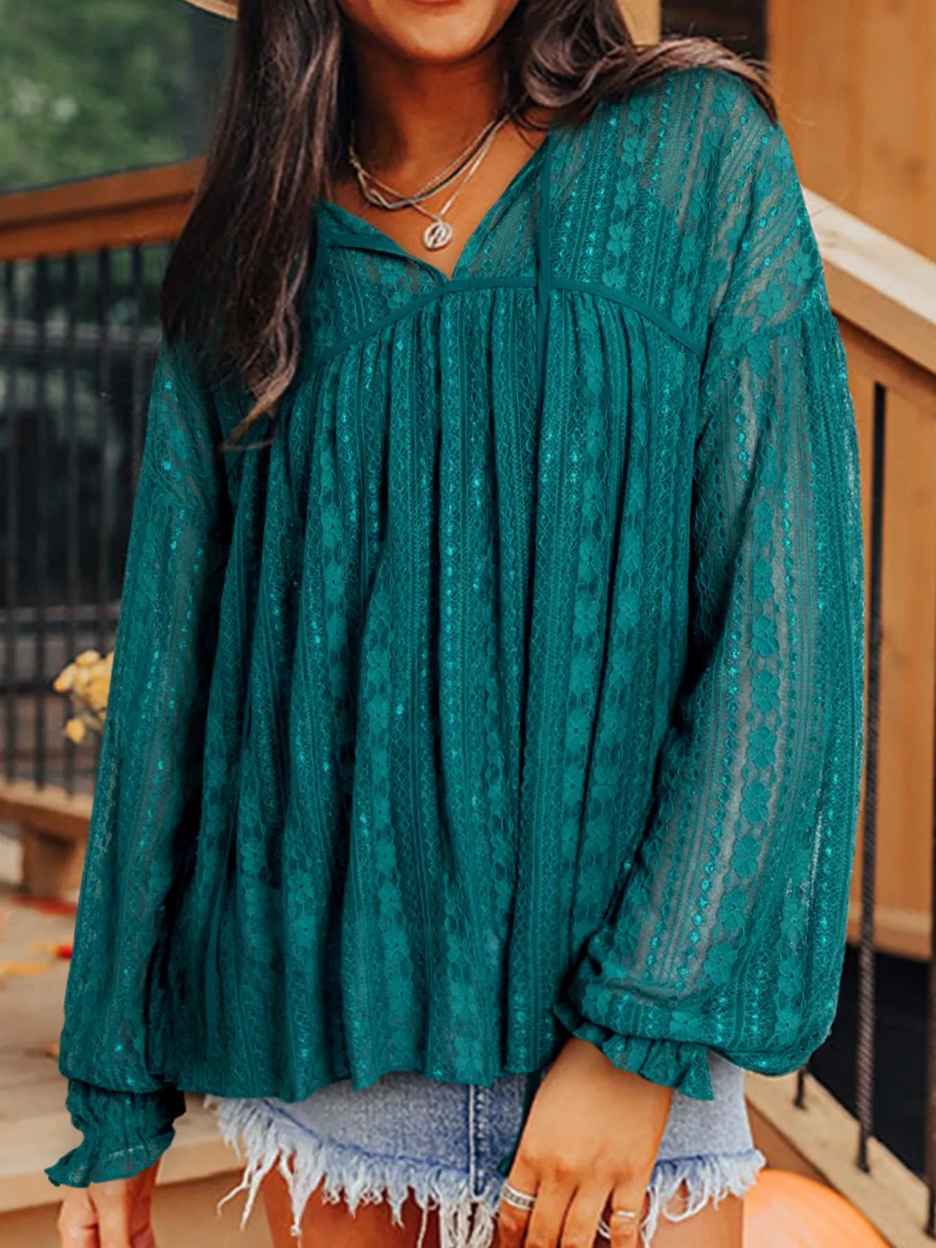 Lace Tie Neck Long Sleeve Blouse