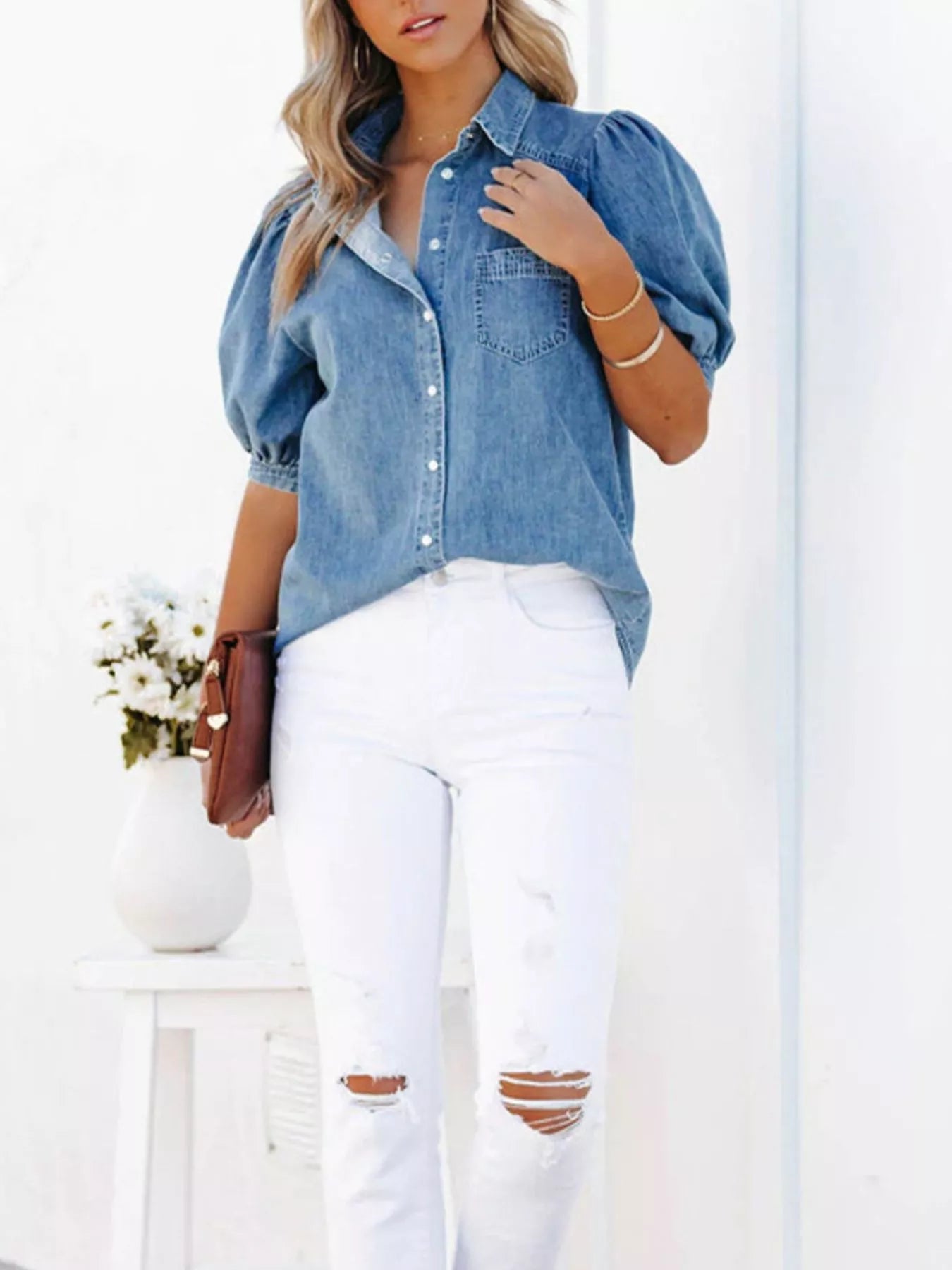 Puff Sleeve Button-Down Denim Top