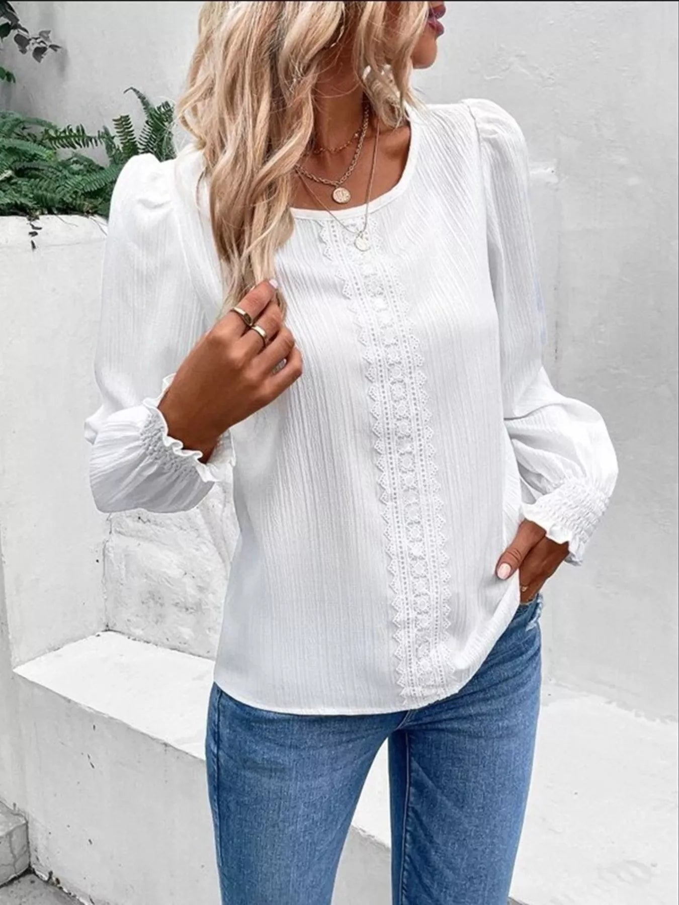 Lace Trim Long Sleeve Blouse