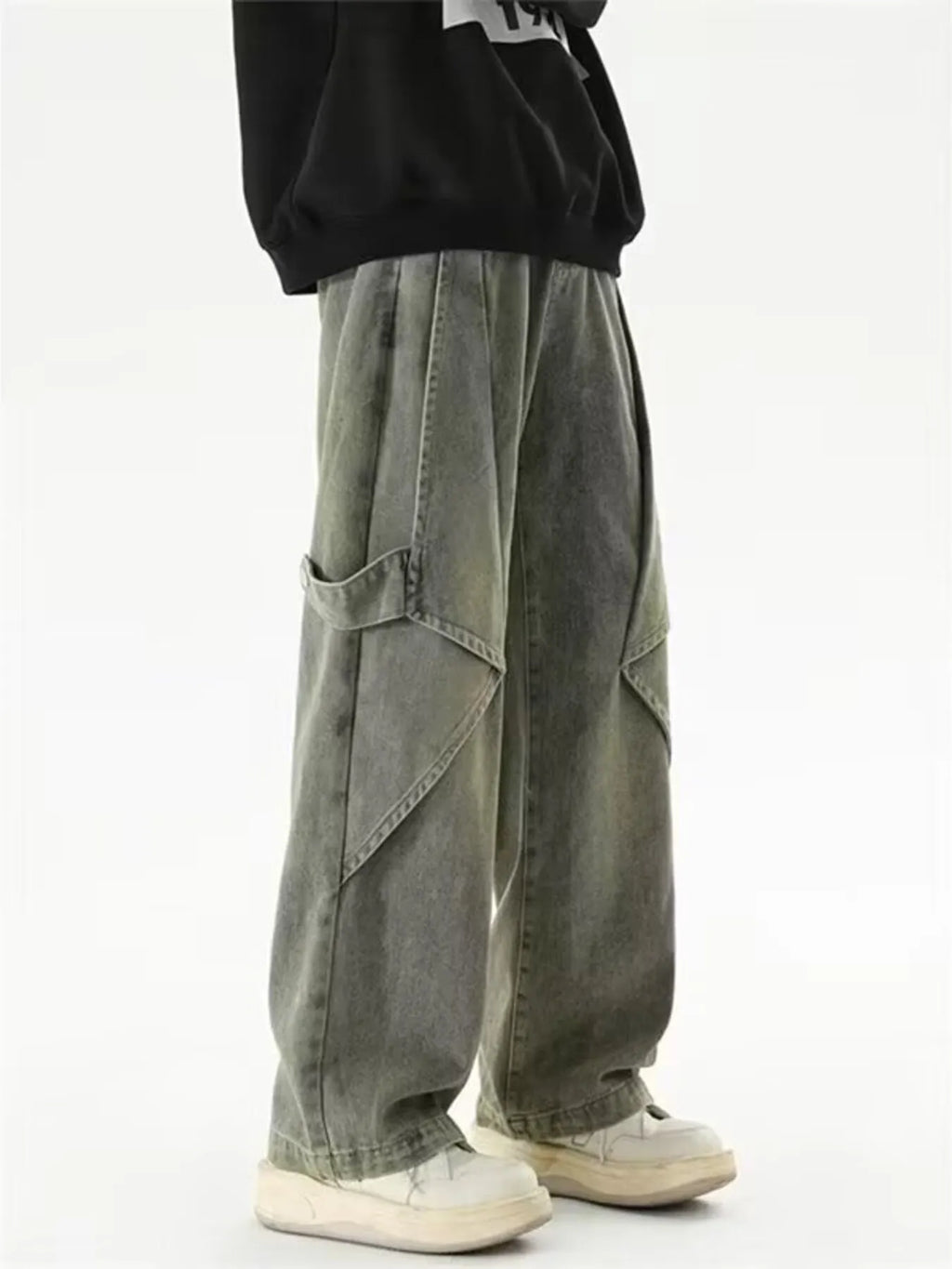 Men's Full Size Vintage Wash Wide Leg Cargo Jeans Plus Size