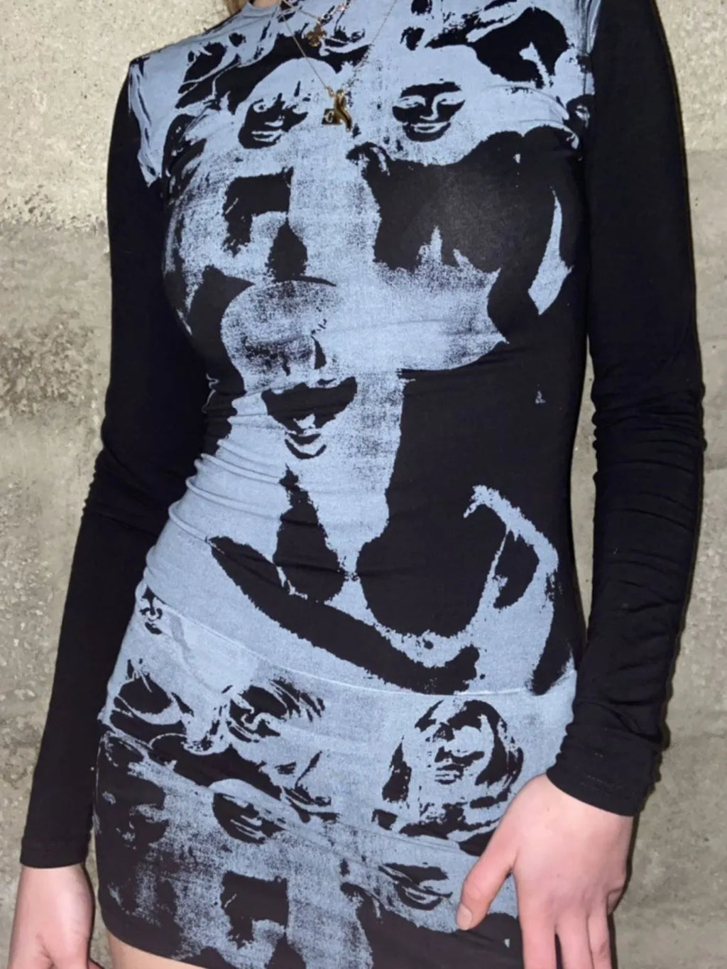 Printed Round Neck Long Sleeve Mini Dress