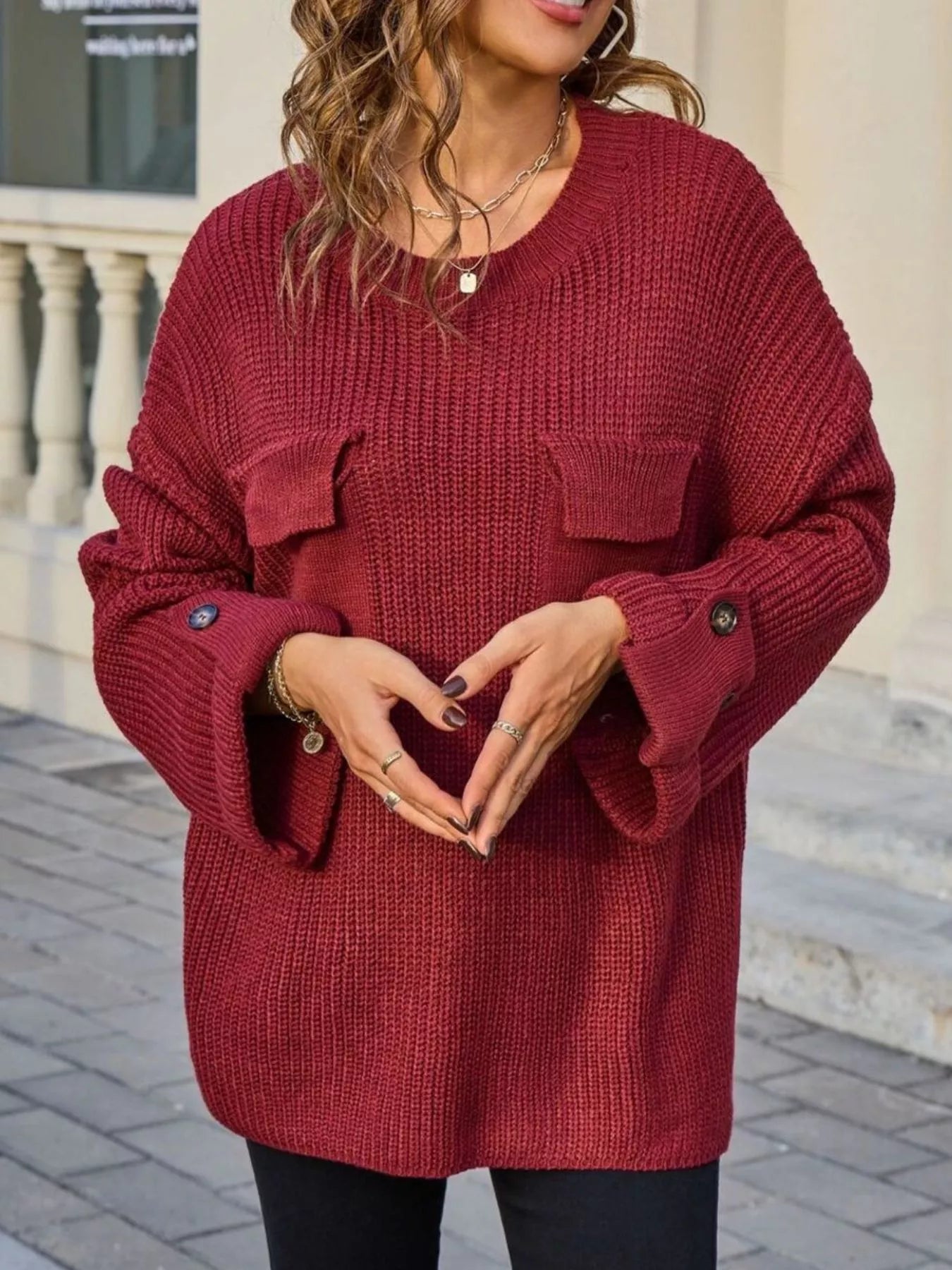 Pocket Detail Round Neck Sweater
