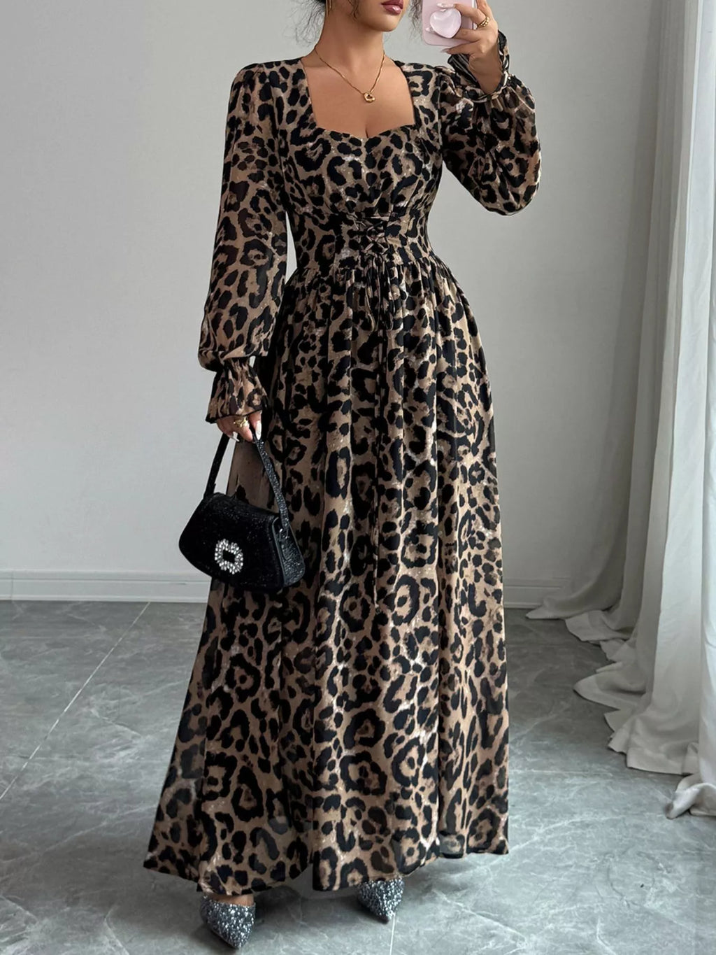 Leopard Sweetheart Neck Flounce Sleeve Maxi Dress