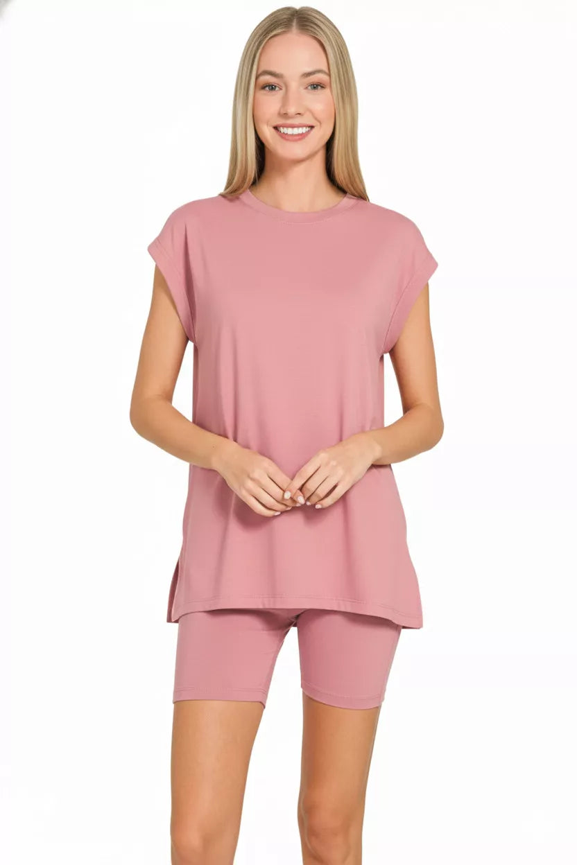 Zenana Brushed Dty Microfiber Top & Biker Shorts