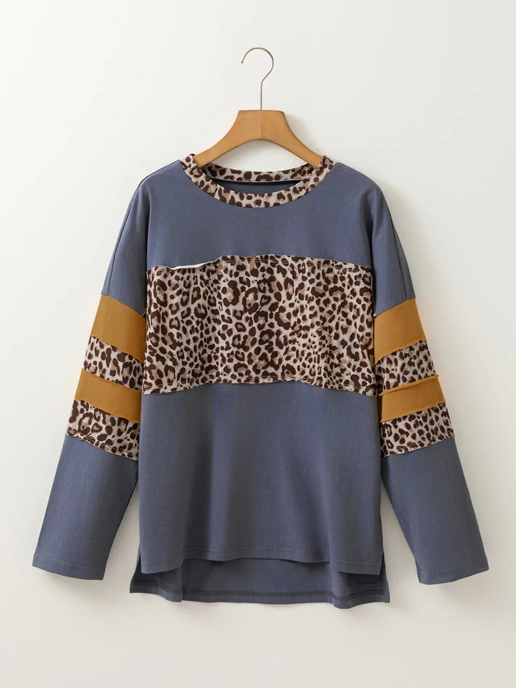 Leopard Color Block Long Sleeve Drop Shoulder Top