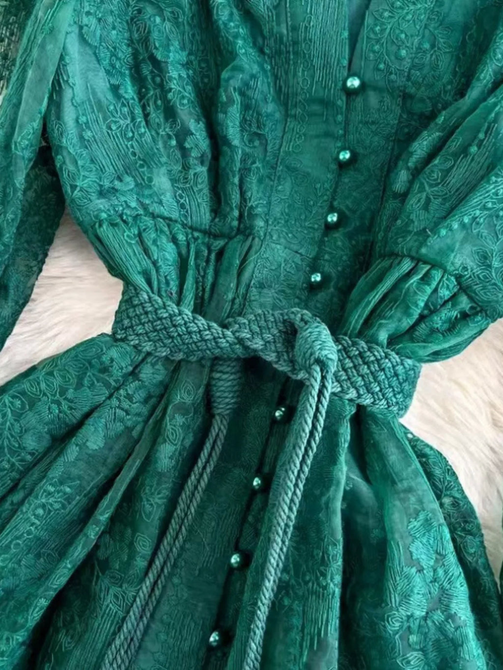 Lace Tie Waist Long Sleeve Dress