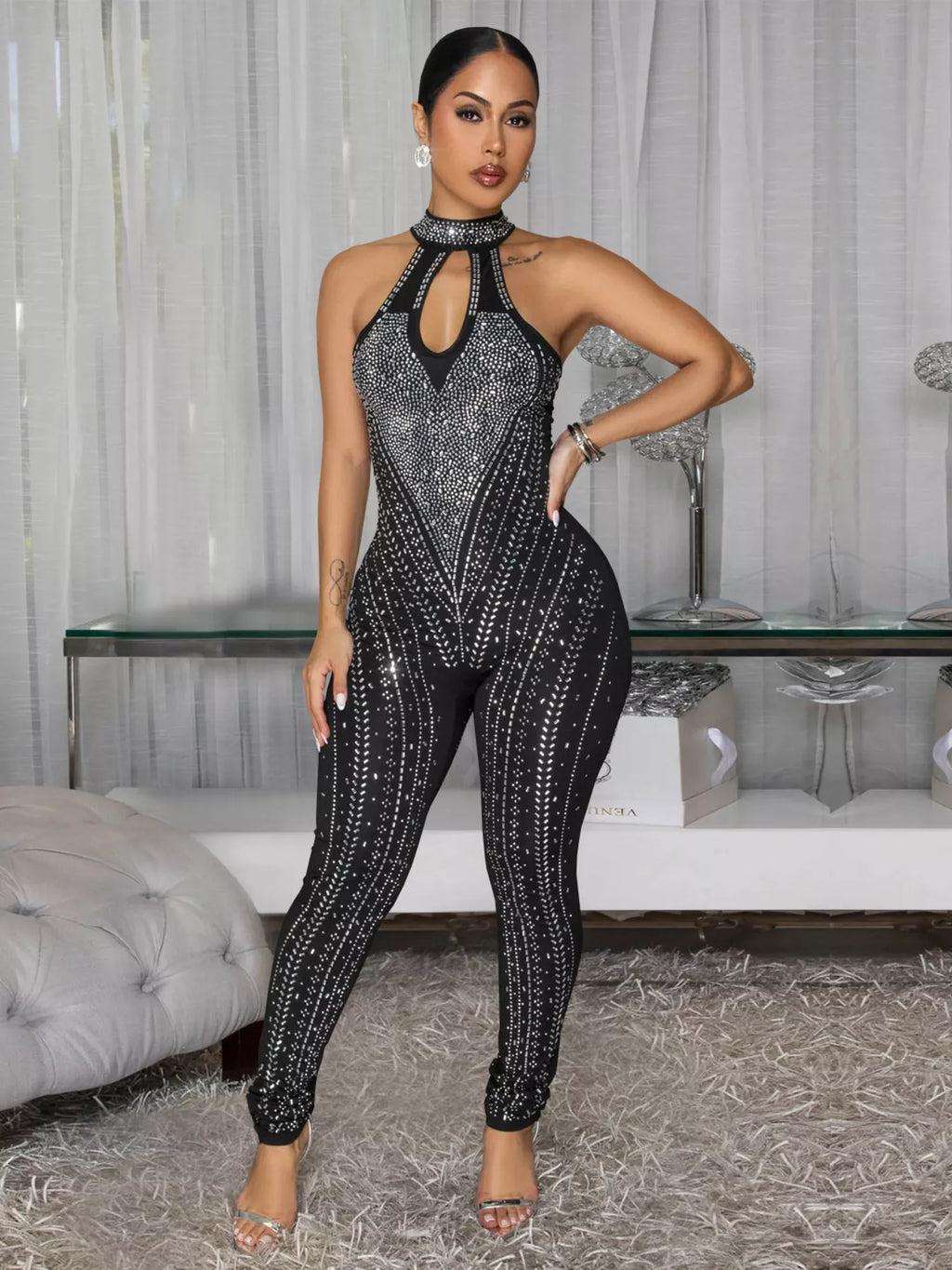 Sparkling Rhinestone Cutout Jumpsuit