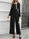 Button-Decor Long Sleeve Wide Leg Jumpsuit