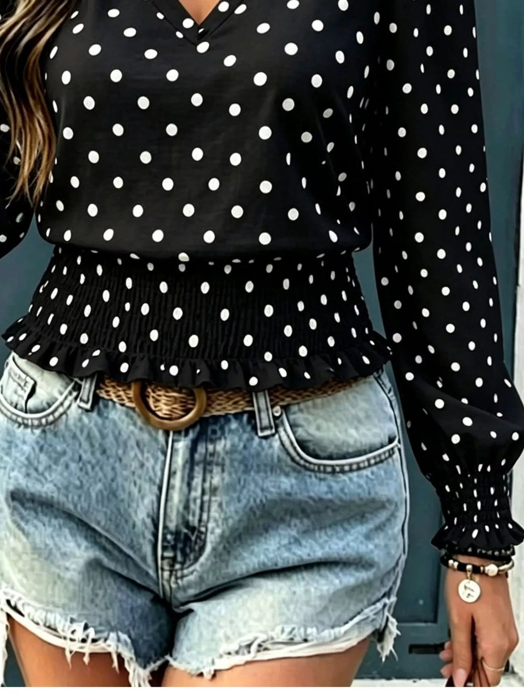 Polka Dot V-Neck Smocked Blouse