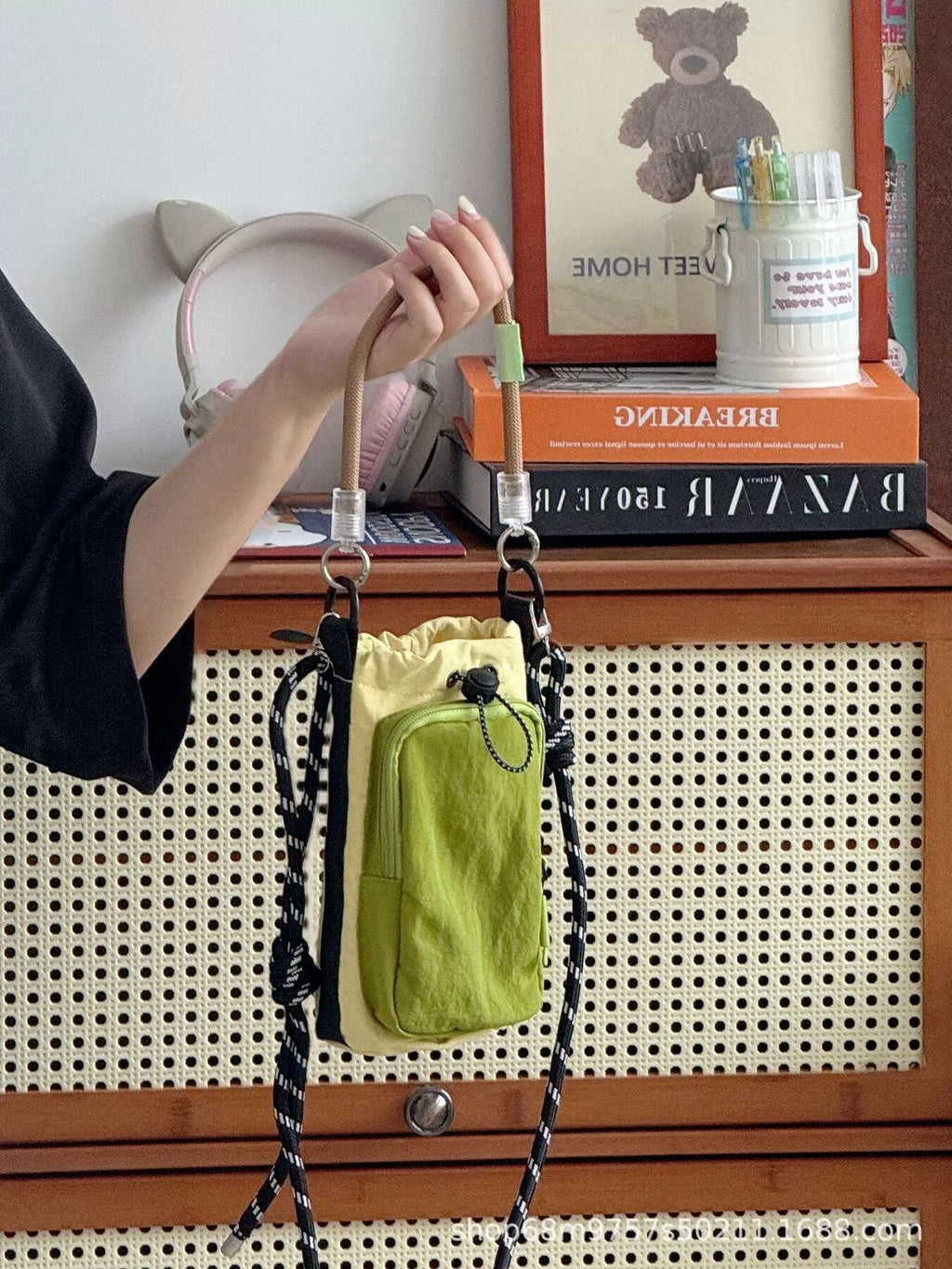Drawstring Crossbody Bag with Front Pocket