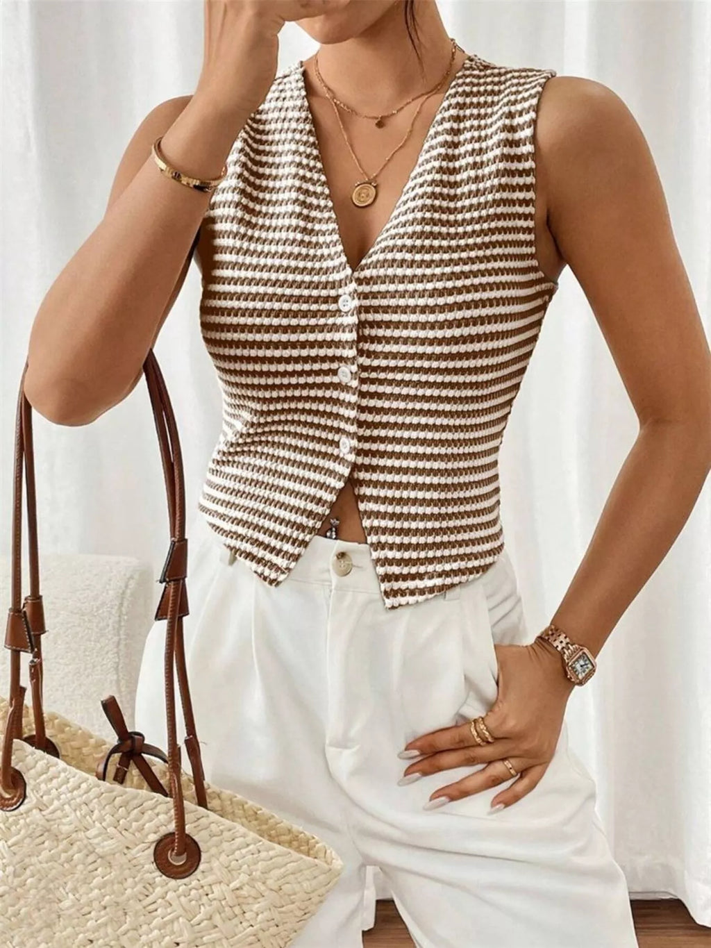 Striped Knit V-Neck Vest