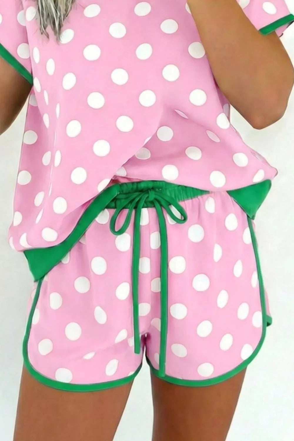 Polka Dot Contrast Trim Top and Drawstring Shorts Set