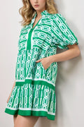 Abstract Patterned V Neck Puff Short Sleeve Mini Dress