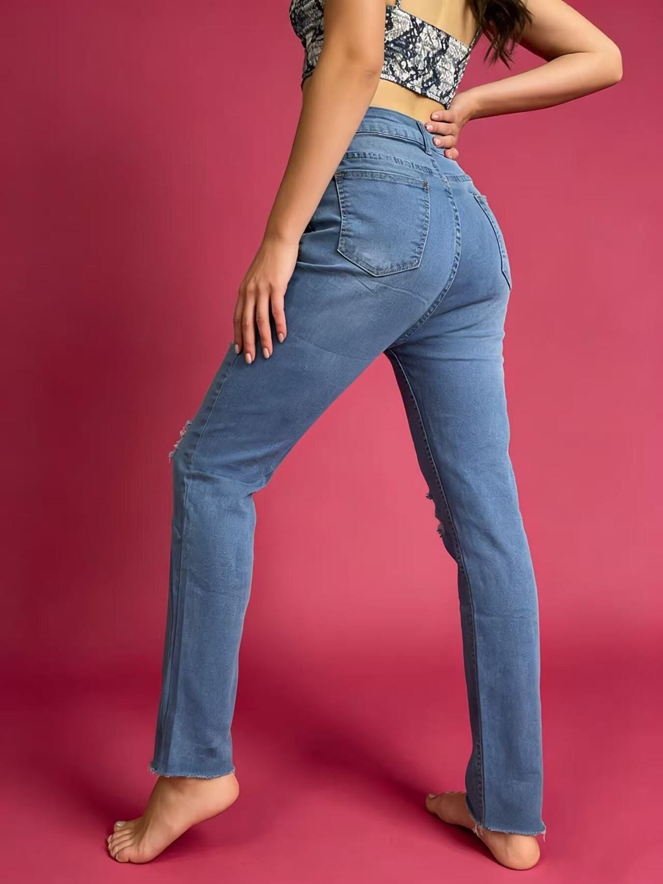 High-Waisted Distressed Jeans