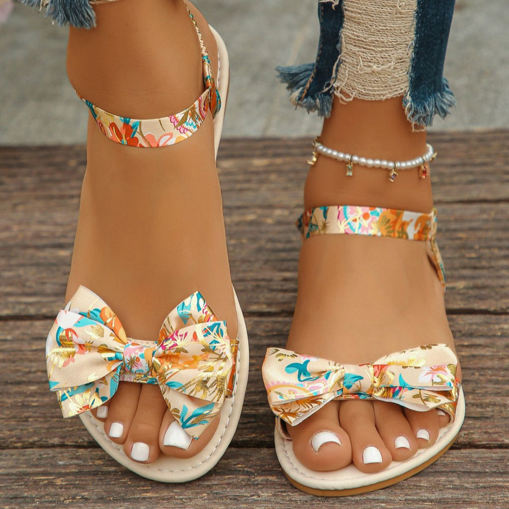 Floral Bowknot Ankle Strap Flat Sandals