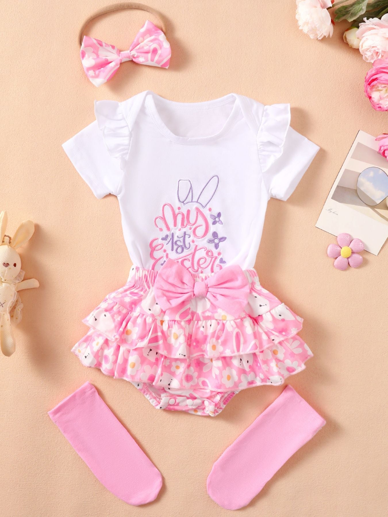 Children's Ruffled Trim Bodysuit and Skirt Set with Headband