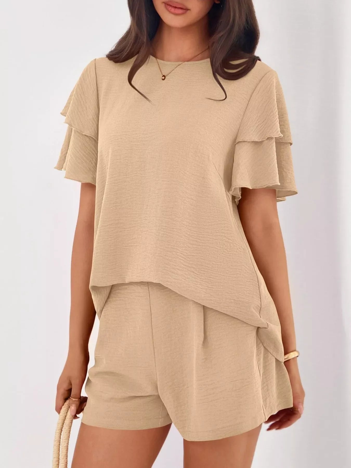 Ruffle Sleeve Top and Shorts Two-Piece Set
