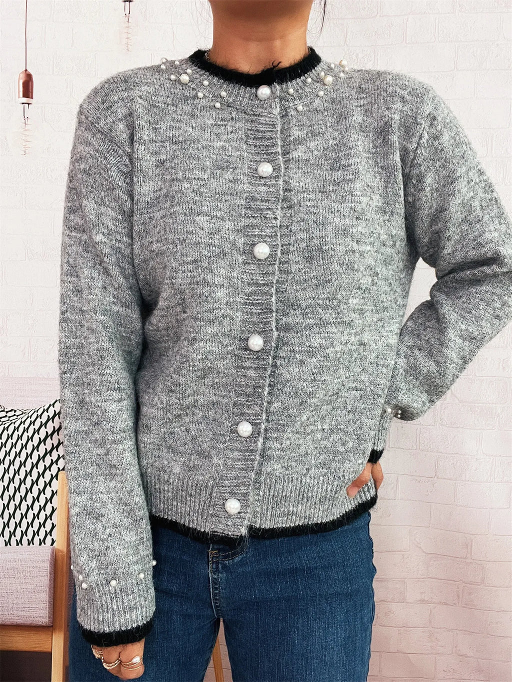Pearl Embellished Button-Front Cardigan