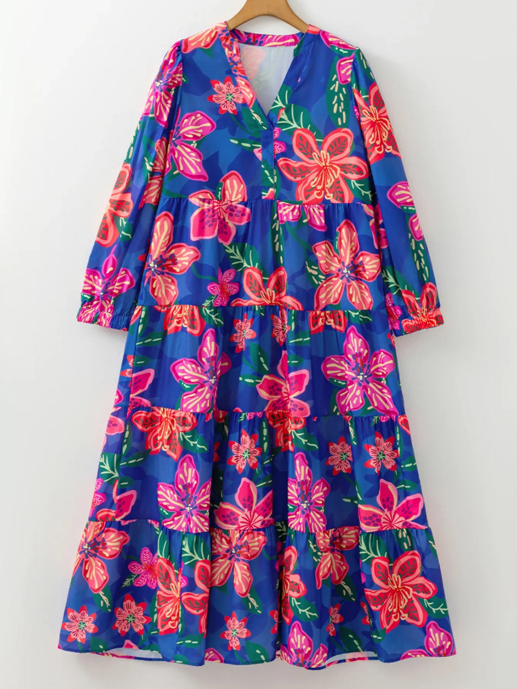 Floral Print 3/4 Sleeve V Neck Tiered Dress