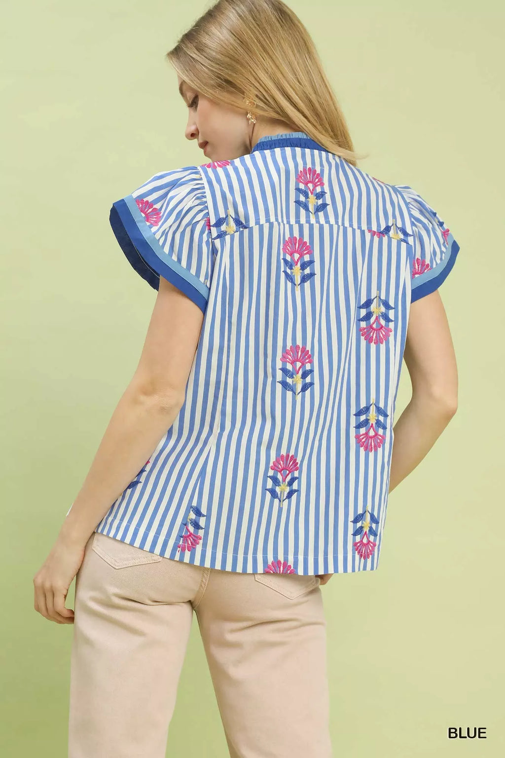Umgee Embroidered Striped Flutter Sleeve Top