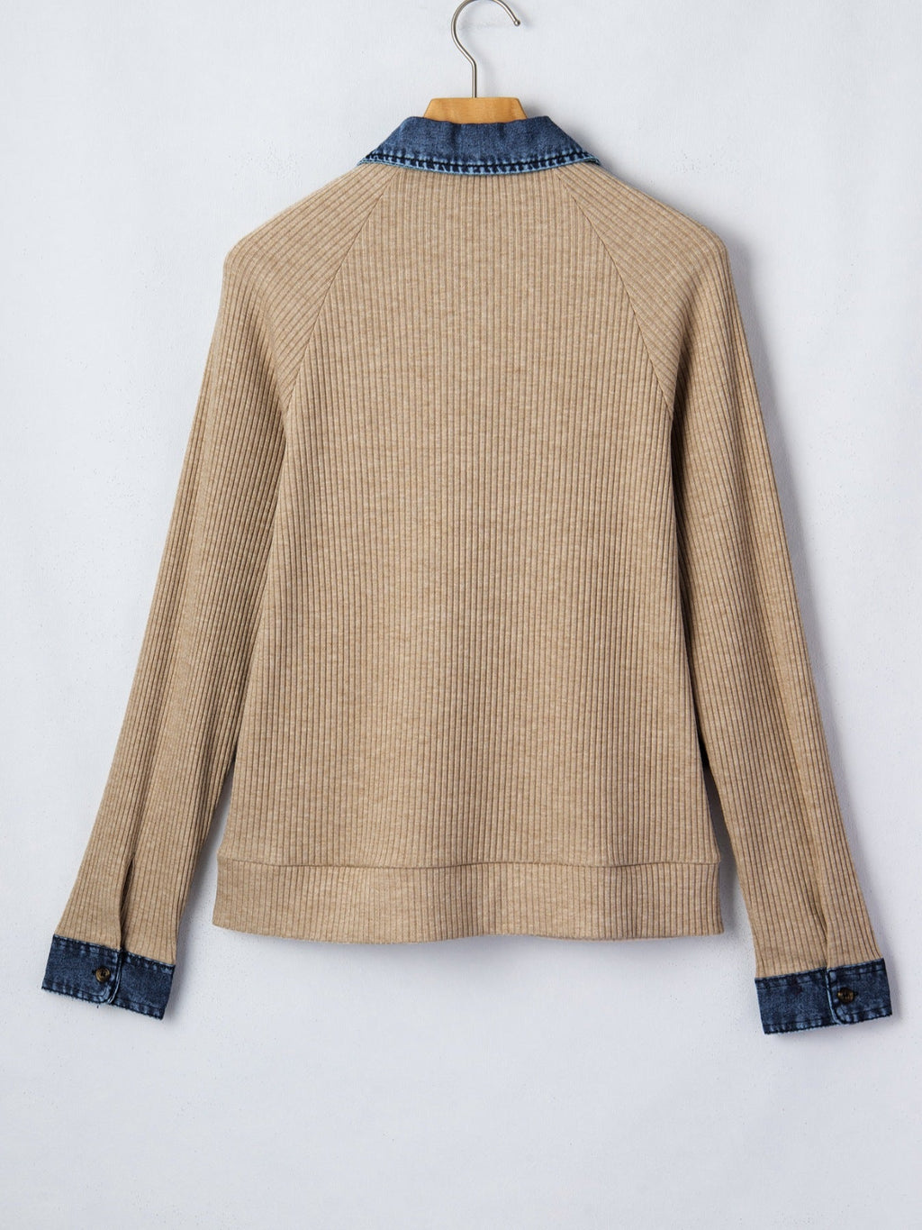Ribbed Knit Denim Trim Button Detail Top