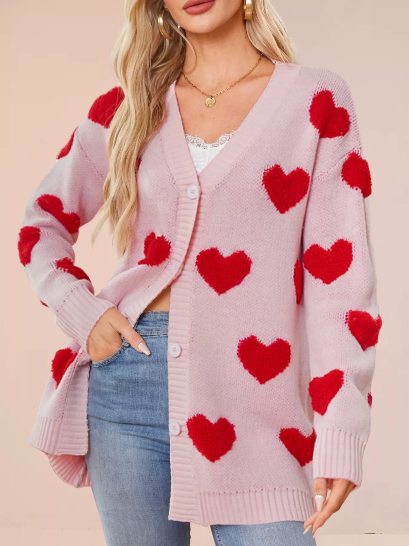 Heart Pattern Knit Button-Up Cardigan