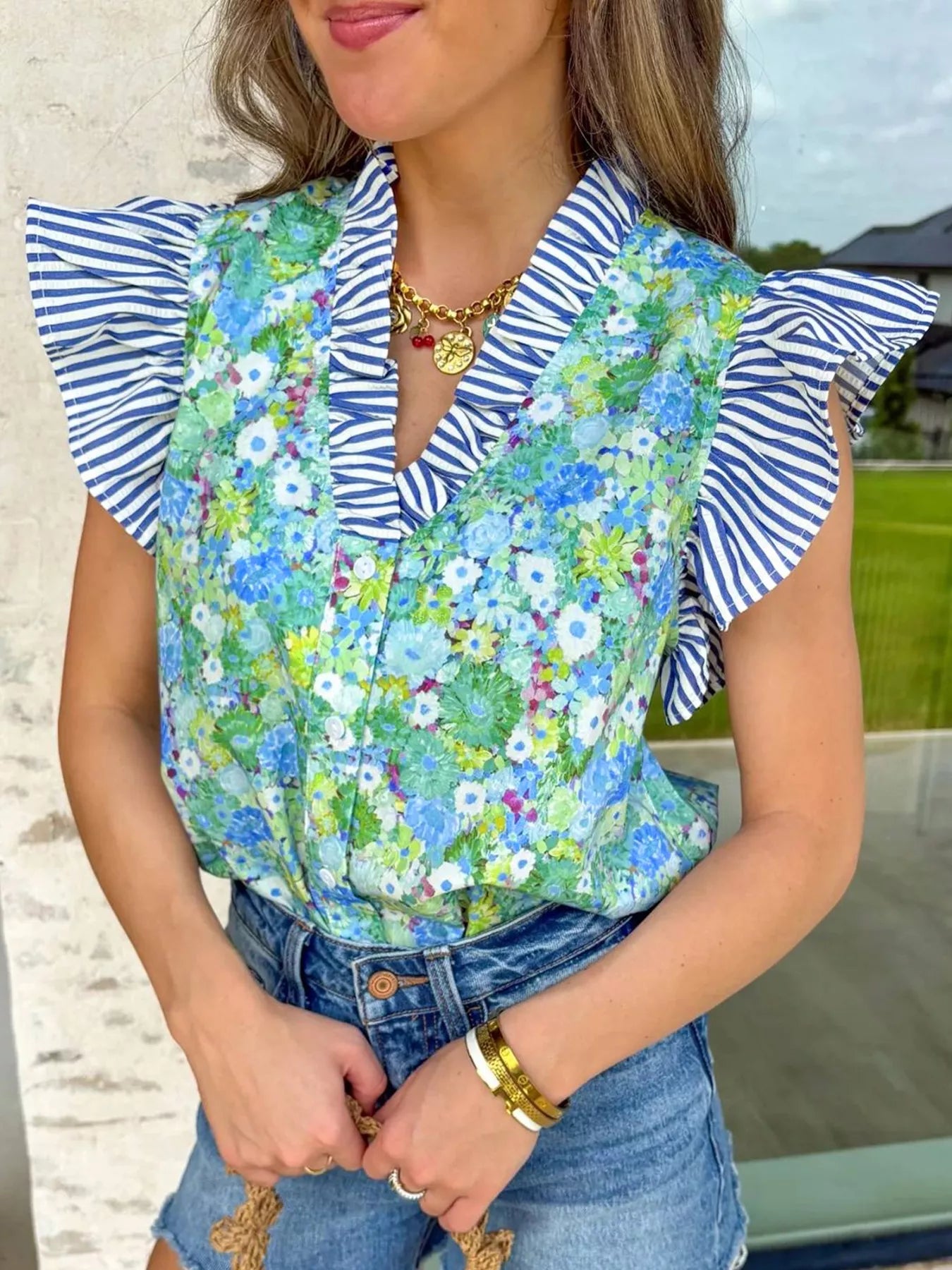 Floral Painting Print Striped Patchwork Flutter Sleeve V Neck Blouse
