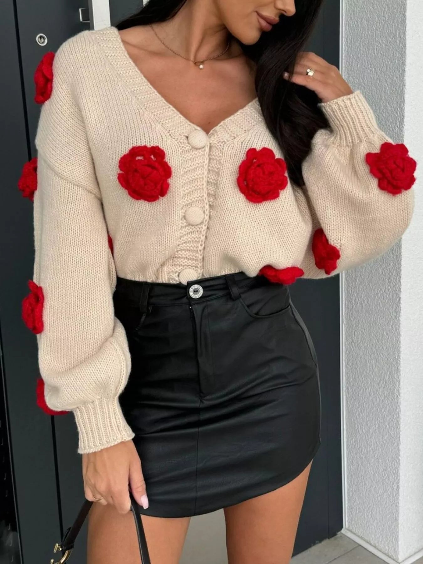 Rose Embellished V-Neck Cardigan