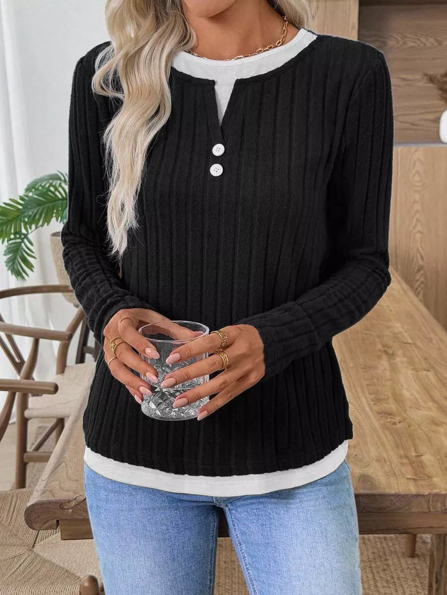 Ribbed Knit Long Sleeve Fake Two-Piece T-Shirt