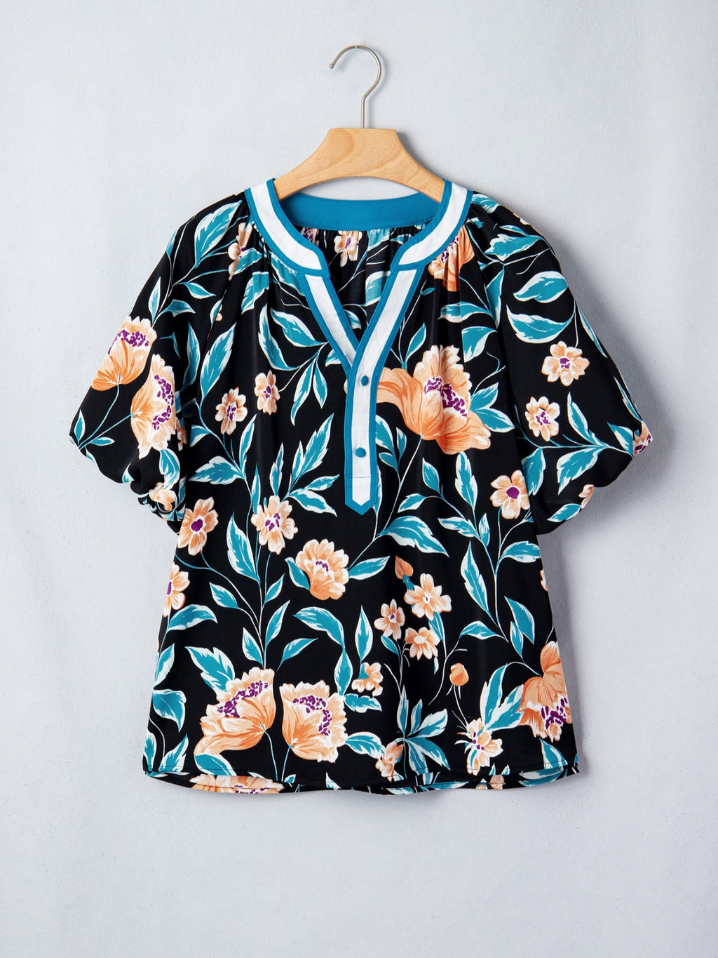 Floral Short Bubble Sleeve Buttoned Notched Neck Blouse