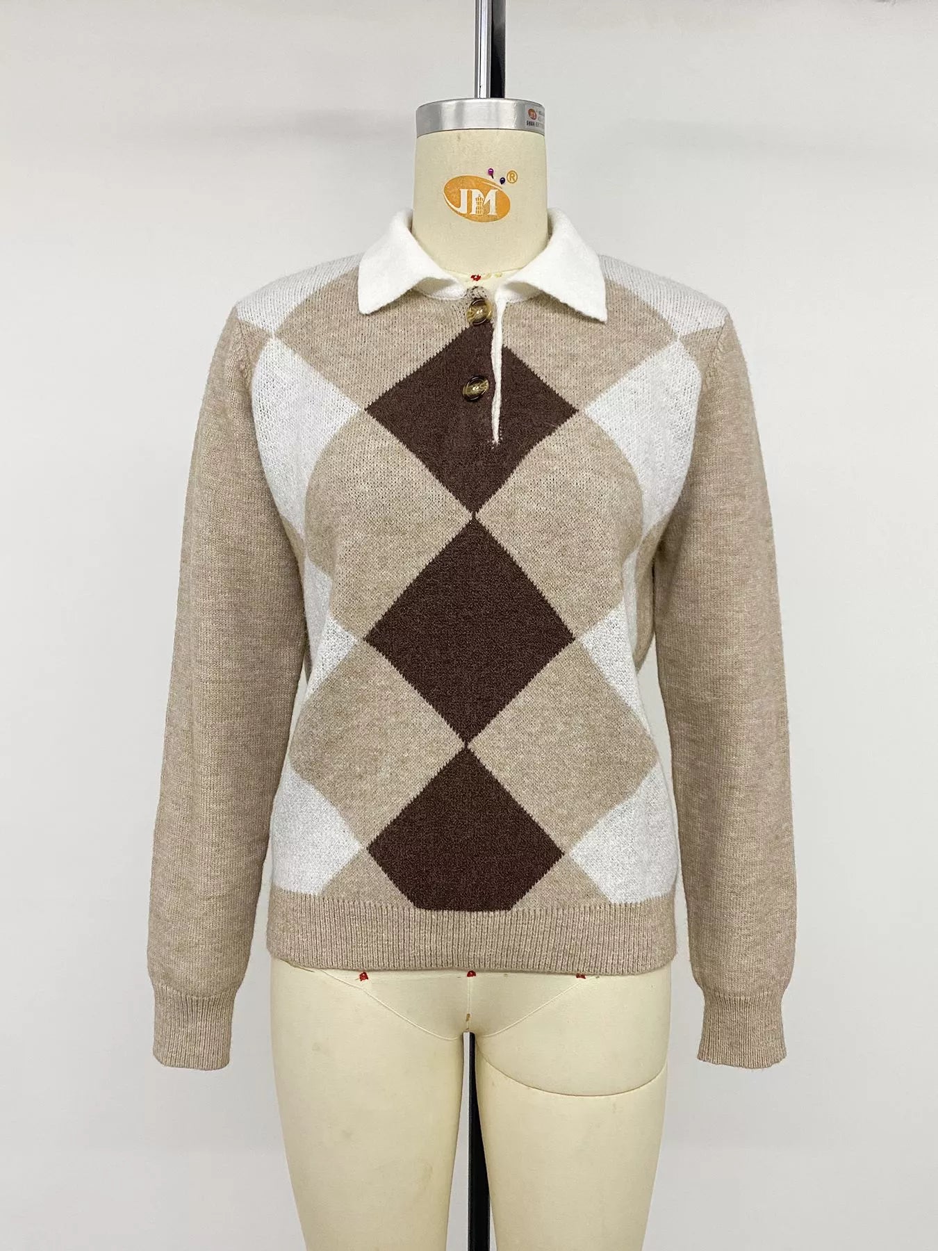 Argyle Patterned Polo Collar Sweater