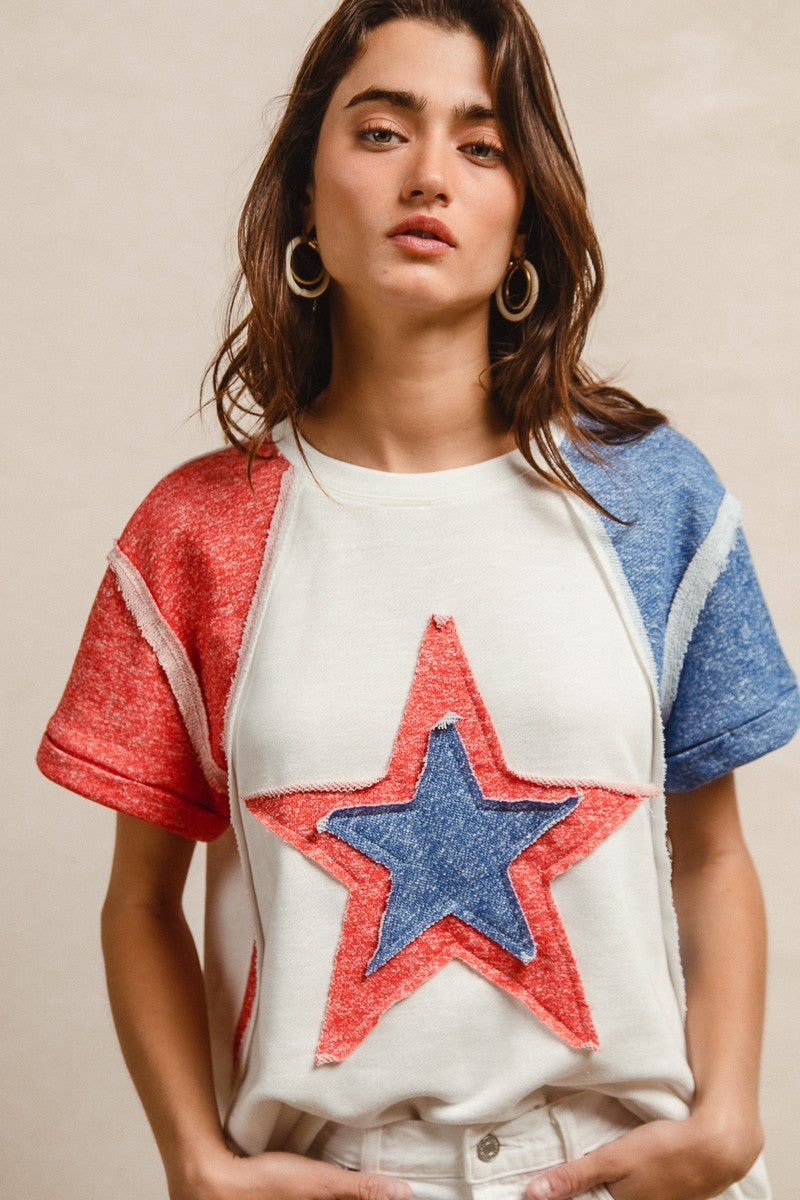 BiBi Contrast French Terry Cut Edge Detail Fourth Of July Theme T-Shirt