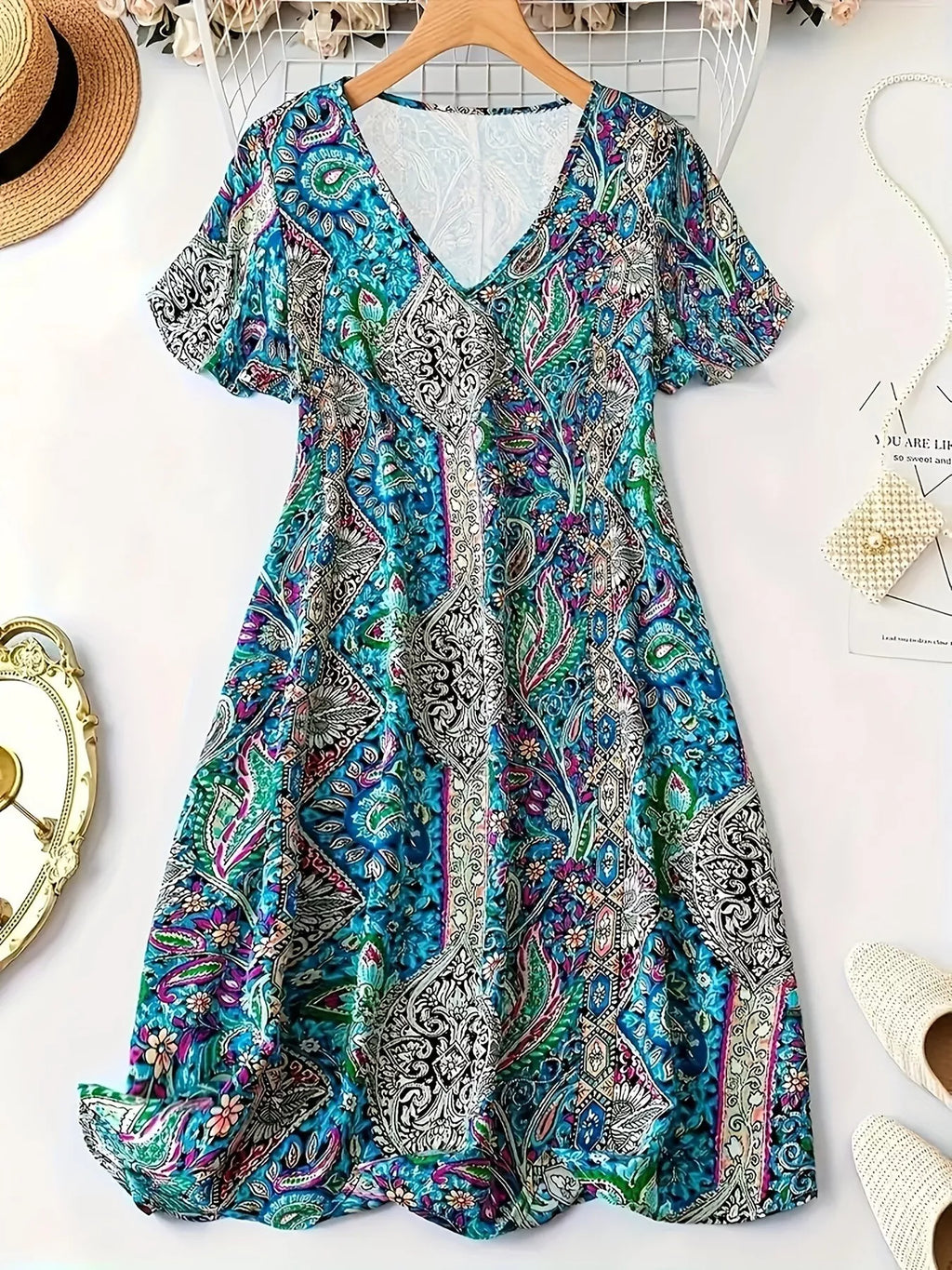Plus Size Paisley Print V-Neck Short Sleeve Dress